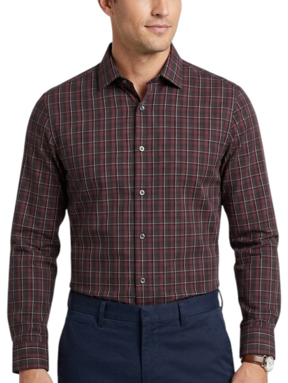 Kenneth Cole Mens Non Iron Plaid Dress Shirt Slim Fit 16 1/2 34/35 Burgundy